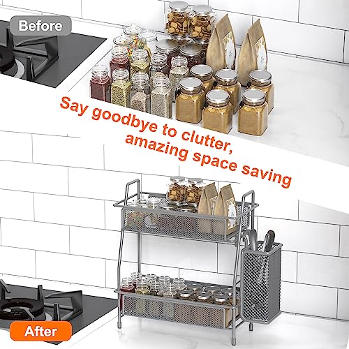 LEMIKKLE Spice Rack Organizer for Kitchen Counter, Spices Organizer and Storage Seasoning Organizer for Cabinet, Kitchen Metal Countertop Organizer with Side Basket (Grey) - color: Grey (Size: 7" x 12" x 13")