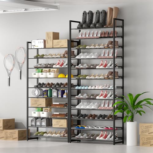 Shoe Rack, 12-Tier Metal Shoe Organizer, Tall Shoe Rack for Closet,entryway,Garage, with Adjustable Flat or Angled Shelves, 52-60 Pairs,Shoes that can accommodate The Whole Family. - color: Black, size: 12Tier