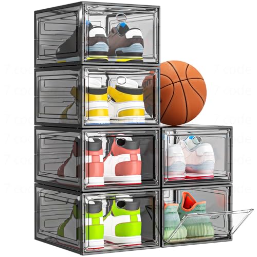 7 code Thicken & Sturdy Clear Shoe Storage Organizer with Magnetic Door, Stackable Boxes for Closet, Foldable Shoe Rack for Sneaker Boot Container, Plastic Shoe Cabinet Shoe Box 6 Pack, Black - color: Black, size: 6 pcs