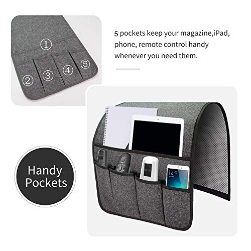 Sofa Armrest Organizer, Remote Control Holder for Recliner Couch, Arm Chair Caddy with 5 Pockets for Magazine, Tablet, Phone, iPad - color: Dark Grey, size: W13'' x L33''
