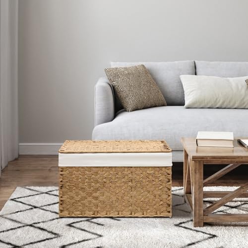Wicker Storage Basket with Lid, 27.7 Gallon (105L) Large Blanket Basket with Lid, Woven Storage Bin with Handles, Removable Liner, Metal Frame, Foldable, for Bedroom, Laundry Room, Natural - color: Natural, size: 105L:15.7 x 26 x 15.7 Inches