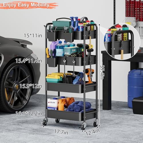 4 Tier Rolling Cart Metal with Wheels, Black Four Tiered Rolling Storage Cart on Wheels, Utility Roller Carts Organizer for Art, Craft, Baby Diaper Caddy, Snack, Book, Large-Capacity Shelving Units - color: Matte Black, size: 4-Tier + Cups + Hooks