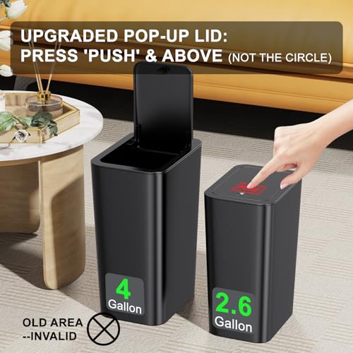 N. NETDOT 3 Pack (2 of 4 Gal & 1 of 2.6 Gal) Small Trash Can with Lid,Bathroom Garbage Can with Pop-Up Lid,Waste Basket for Bathroom,Kitchen,Bedroom,Powder Room,Craft Room,Office,College (Black) - color: 4gal x2 & 2.6gal Black