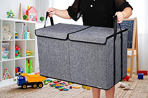 YOLOXO Large Kids Toy Box Chest Storage organizer with Double Flip-Top Lid - Collapsible Sturdy Toy Organizers And Storage Bins With Big Handles For Nursery, Playroom, 26.8"x13.8"x16"(Grey) - color: Dark Grey