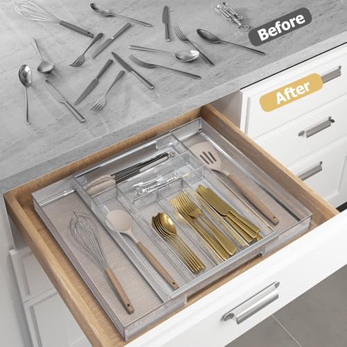 Sedegn Silverware Organizer Metal Mesh, Large Drawer Organizer, Utensil Cutlery Tray for kitchen drawers, Expandable Flatware Organizer with 8 Compartment Silver 11.6"~20" x 17.3" - color: Silver, size: Expandable 11.6"~20" x 17.3"
