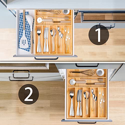 Flatware Organizer Silverware Drawer Organizer - 7 Slots Bamboo Cutlery Tray Multipurpose kitchen Drawer Organizer for Silverware, Utensils, Cutlery, Flatware, Knives W13”x L17” (Yellow) - color: Yellow, size: 7 Slot