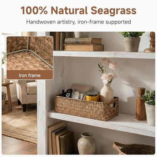 StorageWorks Wicker Toilet Paper Basket for Back of Toilet Baskets, Seagrass Bathroom Basket Organizer and Storage for Tank Topper, Small Tank Trays for Decor with Built-in Handles, Brown - color: Brown (Seagrass)
