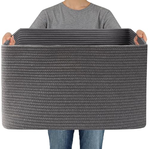 JMvicyroam Woven Blanket Basket,65L Large Storage Bin for Blankets Toys Clothes,Decorative Rope Basket for Living Room Bedroom with Handles, Grey - color: Grey, size: 65L