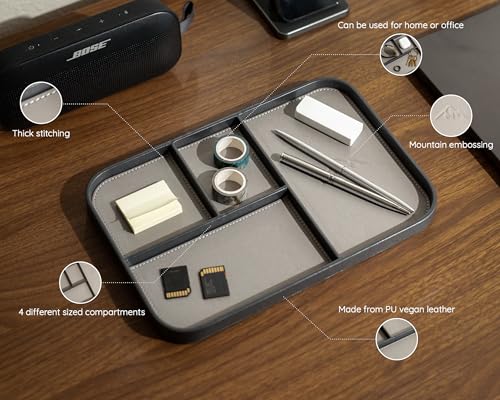 MUUJEE Leather Catchall Multitray (Design 2) - 11.65 x 7.75 x 0.8, Mountain Design Embossed Minimalist Wallet Tray for Men, Thoughtful Husband Gift, Desk EDC Organizer for Watch Keys Glasses, Gray - color: Gray
