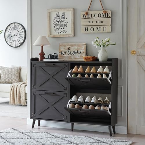 Barnyatoh Shoe Storage Cabinet,Farmhouse Shoe Organizer with 4 Flip Drawers & Barn Door Design,Freestanding Hidden Slim Narrow Shoe Rack Cabinet for Entryway,Foyer,Hallway,Black - color: Black, size: 4-Drawers
