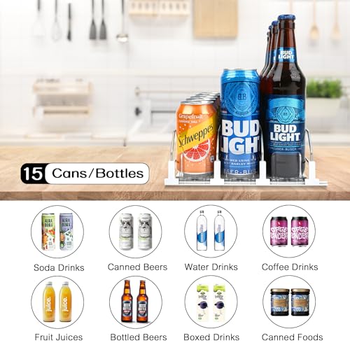 Soda Can Dispenser for Refrigerator, 3 Row Self-Pushing Rack, Fits up to 15 Cans, Width Adjustable Beverage Storage Rack, 15inch White - size: New 15 inch