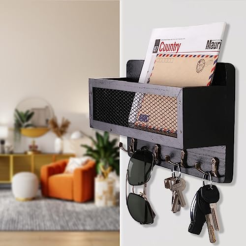 ADIIL Mail and Key Holder for Wall Decorative, Wooden Wall Mount Key Rack Hanger Organizer with 4 Double Key Hooks, Rustic Home Decor for Entryway Hallway, Black - color: Black