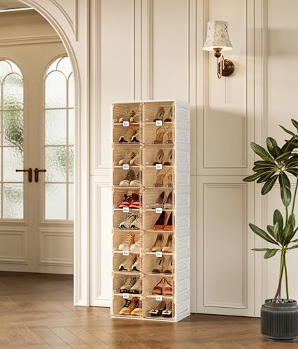 ANTBOX Shoe Organizer Storage Box, Portable Folding Shoe Rack For Closet With Magnetic Clear Door,Large Sneaker Cabinet Bins Sturdy Easy Assembly 10 Layers-20 Grids - size: 10 Layers-20 Grids