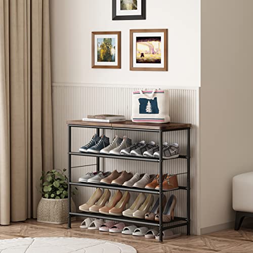 INGIORDAR Shoe Rack Organizer 4 Tier Metal Organizer Shelf with Industrial MDF Board and Layer Fabric for Entryway Closet Bedroom Living Room Garage,Black & Rustic Brown (Black+Rustic Brown, 4 Tier) - color: Black+rustic Brown, size: 4 Tier