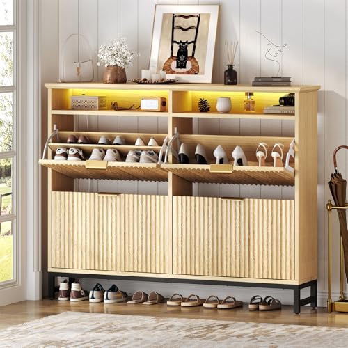Fluted Shoe Storage Cabinet with 4 Flip Drawers, 47.24" Narrow Shoe Organizer Cabinet with LED Light, Slim Freestanding Shoe Rack Cabinet, Wooden Hidden Shoe Cabinet for Entryway, Hallway(Natural Oak)