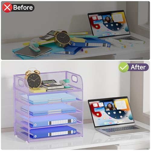 5-Tier Stackable Paper Organizer with Handle, Purple Metal Mesh Letter Tray | Elegant Desk File Sorter for Office, Home & Classroom Organization - color: Purple, size: 12.6" x 9.1" x 13.4"