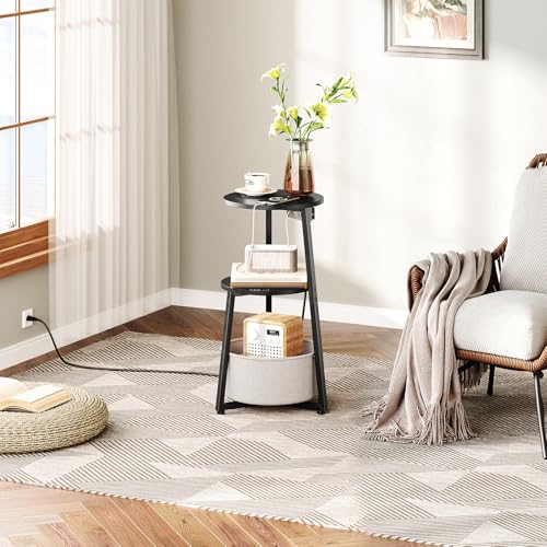 HOOBRO Small Round Side Table with Charging Station, Round End Table with Cotton Linen Storage Basket, Compact Sofa Side Table Nightstand for Small Space, Corner, Living Room, Black BB169UBZ01 - color: Black