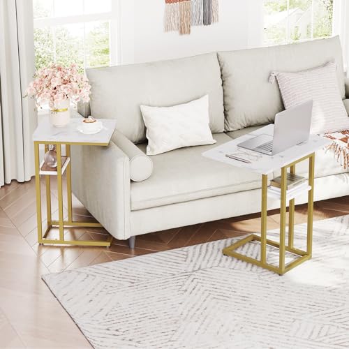 HOOBRO Foldable End Table, Gold C Shaped Side Table with Storage Shelf, Small Snack Table Suitable for Living Room Bedroom Small Spaces, Easy Assembly, Gold and Marble DM29SF01 - color: Marble + Gold
