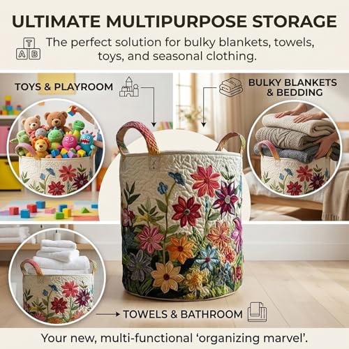 Quilted Laundry Baskets, Large Floral Boho Fabric Storage Hamper with Handles, Collapsible Soft Clothes Organizer Tote for Nursery House Styling, Portable Bedroom Washing Container - color: #15, size: M(41*33*13cm)