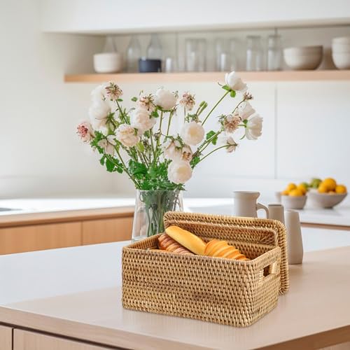 Hipiwe Rattan Basket with Lid Rectangular Lidded Basket Natural Hand-Woven Wicker Storage Basket Bin for Shelf Organizing Picnic Food Bread Table Storage Basket, 12"x7.9"x 5.9" - size: 12"L x 7.9"W x 5.9"H