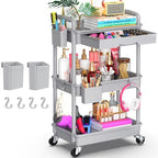 Goovilla 3 Tier Rolling Utility Cart Organizer with Removable Drawer, Stable and Sturdy Grey Rolling Storage Carts with 2 Lockable Wheels for Bathroom, Kitchen, Snack, Craft, Makeup, Baby Essentials - size: 3 Tier, style: Gray