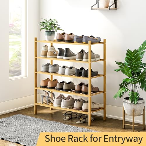 5-Tier Bamboo Shoe Rack for Entryway, Stackable | Heavy Duty | Multi-Function, Free Standing Shoe Racks for Bedroom Hallway Closet - color: Natural, size: 5-Tier-Standard
