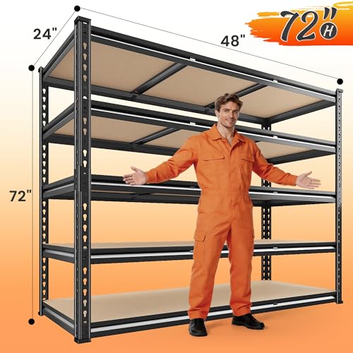 REIBII 48" W Garage Shelving 3080LBS Storage Shelves 5 Tier Industrial Shelving Adjustable Metal Storage Shelves for Garage, Basement, Warehouse, Commercial, Easy Assemble, 48" W x 72" H x 24" D - size: 48" W x 72" H x 24" D