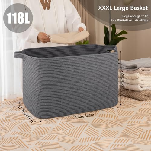 OIASKET 118L Extra Large Blanket Basket, 24.8"x17.7"x16.2" Woven Rope Baskets for Storage, Nursery Blanket Storage for Living Room, Toy Basket with Handle Organizing Comforter Cushions Pillows, Grey - color: Dark Grey