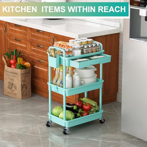 Goovilla 3 Tier Rolling Utility Cart Organizer with Removable Drawer, Stable and Sturdy Blue Rolling Storage Carts with 2 Lockable Wheels for Bathroom, Kitchen, Snack, Craft, Makeup, Baby Essentials - size: 3 Tier, style: Blue