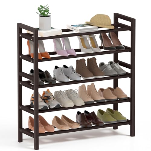 Haddockway Bamboo Shoe Rack for Closet, Free Standing Shoe Organizer with Smooth Round Rods & Convenient Handles, Stackable Shoe Storage Shelf for Entryway, Hallway(Brown, 5-Tier) - color: Brown, size: 5-Tier_Standard