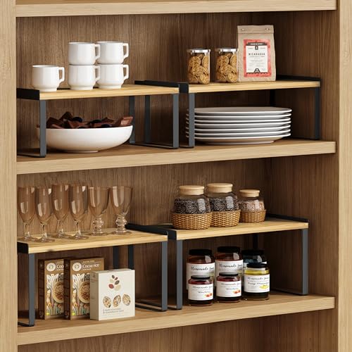 Goozii Kitchen Cabinet Organizer Shelf Set of 4, Stackable Pantry Cupboard Countertop Storage and Organizer, Desk Shelf Riser, Spice Plate Cup Expandable Storage Rack,(Black Bamboo) Large - color: Black-bamboo, size: Large