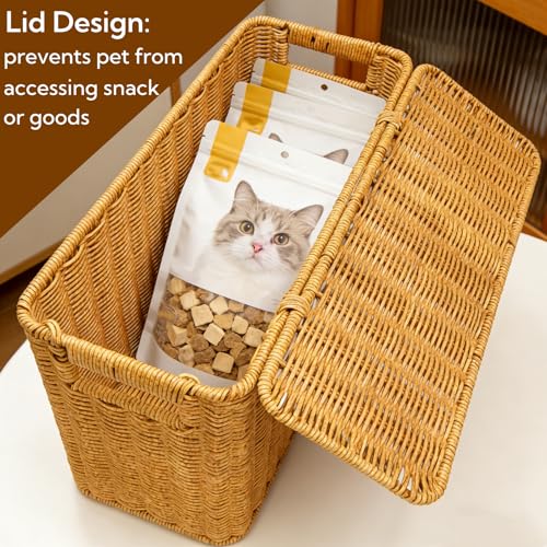 Pumtus Woven Storage Basket with Lid, 3 Gallon Decorative Plastic Organizer Box with Handle, Rectangle Narrow Tall Trash Can Toilet Paper Holder, Household Container Bin for Wardrobe, Magazines, Toys