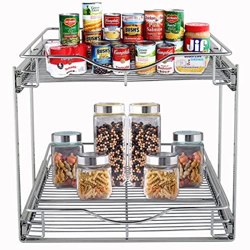 DINDON 2 Tier Pull Out Cabinet Organizer (14" W X 18" D), Double Tier Wire Basket Slide Out Shelf Storage for Kitchen Base Cabinet Organization for Kitchen, Pantry, Bathroom, Chrome - size: 14'' W X 18'' D