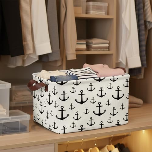 Anchor Storage Basket Waterproof Canvas Toy Storage Bin Home Anchor Decor Collapsible Outdoor Basket with Leather Handles Nautical Decor Blanket Baskets For Closets,Bedrooms,Gifts Baskets - color: Anchor