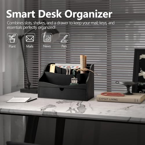 Rebee Vision Pine Wooden Mail Organizer for Desk - Farmhouse Mail Sorter Countertop Organizer for Office Desk & Home Decor - Letter Holder with Drawer for Store Jewelry (Black) - color: B-Black