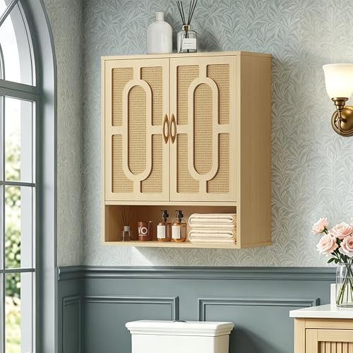 VECELO Rattan Bathroom Wall Cabinet, Medicine Cabinets with Adjustable Shelves, Wall Mounted Above Toilet Storage Organizer for Bathroom, Kitchen, Entryway