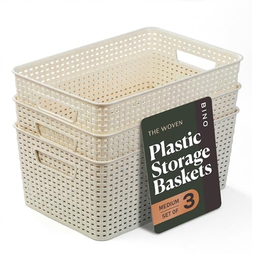 BINO | Plastic Storage Baskets, 13.5 Liter - 3 Pack, Natural | THE WOVEN COLLECTION | Storage Basket for Shelves | Woven Storage Baskets for Organizing Bins | Pantry Shelf Organizer | Container Bin - color: Natural, size: 13.5L | 3-Pack