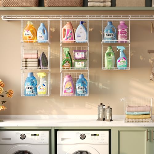 3-Pack Extra-Tall 13.6'' Hanging Laundry Basket Organizer, Foldable Wire Shelf with 360° Rotating Hooks & Reinforced Height - Durable Space-Saving Laundry Room & Closet Organizer, White Patent