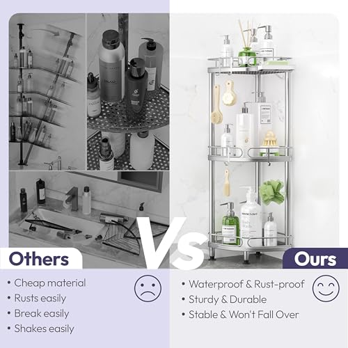 SWTYMIKI Corner Shower Caddy Standing - 3 Tier Rustproof Metal Shower Organizer Stand with Soap Holder and 4 Hooks, Freestanding Floor Shower Storage Stands for Bathroom, Silver - color: Silver-3 tier