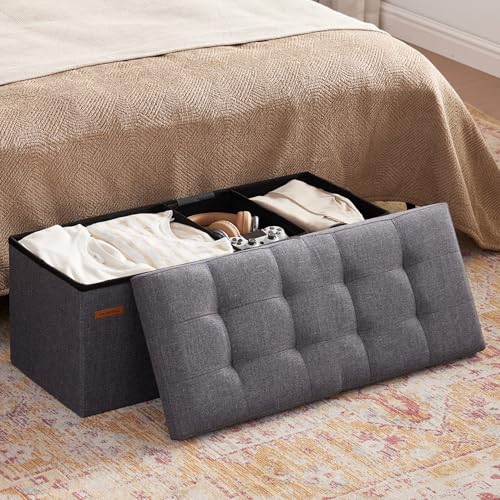 HAUSFRAU 31.5 Inches Ottoman with Storage, Folding Ottoman Bench Small Foot Rest Stool, Bedroom Bench with Flipping Lid, Linen Grey - color: Grey, size: 13"D x 31.5"W x 13"H