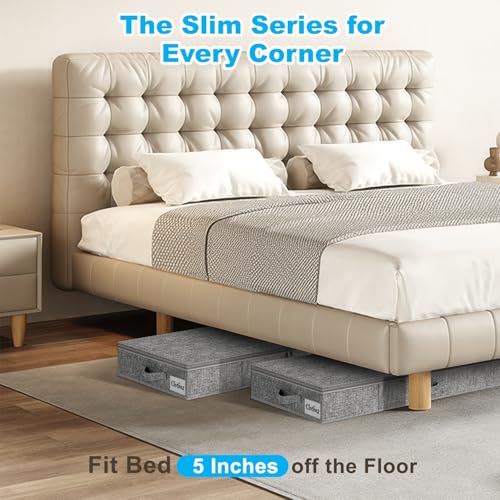 Under Bed Storage Container Bins 2 Pack, 5 Inch Thin Low Profile Underbed Clothes Storage Organizer for Dorm & Home, Use for Blanket and Toy Storage Box W/ Sturdy Bottom/Sides, Foldable Thick Fabric - color: Grey-2 Pack, size: 5in-Thin