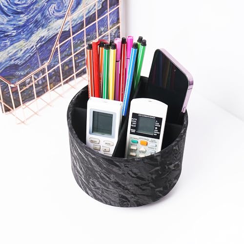 Hennaja Round Leather Art Supply Organizer,Remote Control Holder,360 Degree Spinning,Multi-Functional Pencil Holder,4 Compartments Desktop Stationary Organizer(1-Hill Black) - color: 1-Hill Black
