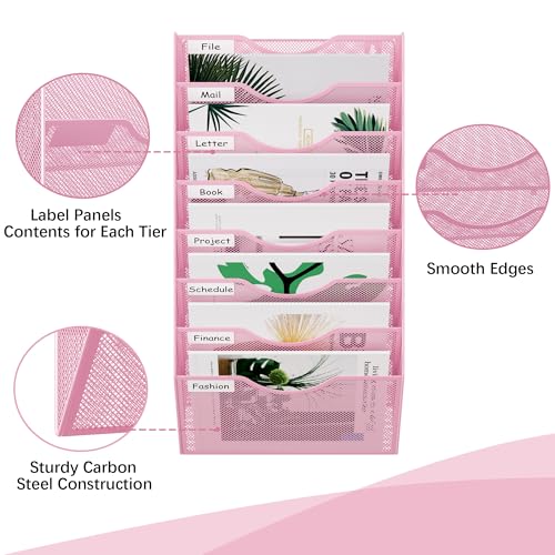 EasyPAG 8 Pocket Mesh Wall File Organizer, Hanging Paper Folder Holder with Classify Label, Vertical Wall Mount Mail Organizer for Office Home Classroom, Pink - color: Pink, size: 8 Tier