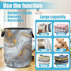 White Gold Marble Laundry Basket, Laundry Hamper Collapsible Oxford Cloth with Handle Clothes Toy Storage Bin for Bathroom Laundry Room Bedroom 15.7 X 20 Inch - color: White Gold Marble