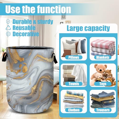 White Gold Marble Laundry Basket, Laundry Hamper Collapsible Oxford Cloth with Handle Clothes Toy Storage Bin for Bathroom Laundry Room Bedroom 15.7 X 20 Inch - color: White Gold Marble