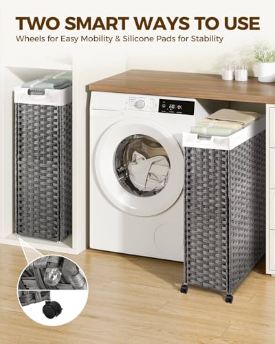 Greenstell Laundry Hamper with Wheels & Handles, 26.4 Gallon (100L) Slim Laundry Basket with 2 Removable Liner Bags & 2 Mesh Bags, Foldable Narrow Clothes Hamper for Bedroom, Bathroom, Closet, Grey - color: Grey, size: 100L (21.7 x 9.8 x 30.7 inches)