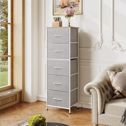 WLIVE Fabric Dresser, 5-Drawer Tall Dressers for Bedroom, Storage Dresser Organizer with Fabric Bins, Wood Top, Sturdy Steel Frame, Chest of Drawers for Closet, Hallway, Light Grey - color: Light Grey