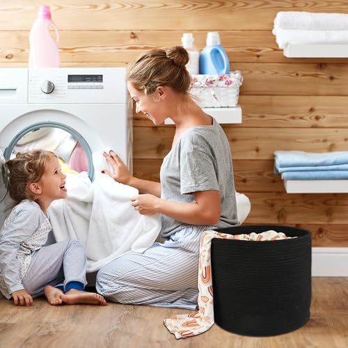 XUANGUO Cotton Rope Basket For Girls Boys Kids 16”X14” Baby Laundry Basket Nursery Bin Round Woven Baskets Organizer For Storage Toys Blankets Shoes Clothes black - color: black