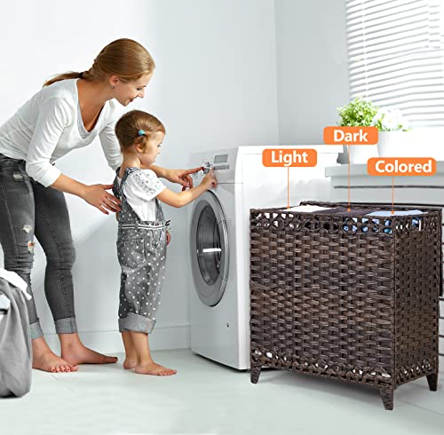 Laundry Hamper with 3 Removable Liner Bags; 132L Handwoven Rattan Laundry Basket with Lid & Heightened Feet; Clothes Hamper with Side Handles; Laundry Sorter with 3 Separate Sections - color: Brown, size: 132L-3 Section