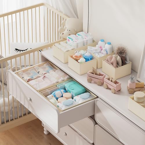 DIMJ Drawer Organizer Clothes Storage - 18 Pack Baby Dresser Organizer for Nursery, Foldable Closet Drawer Organizer Bins for Bedroom Organization, Fabric Storage Dividers for Socks, Underwears, Bras - color: Beige, size: 18 Pack